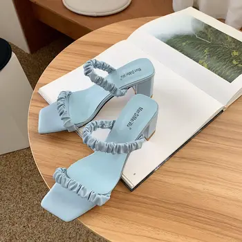 

High Heels Sandals Womens Shoes Summer 6cm Chunky Square Heel Womens Pleated Open Toe Purple Roman Slipper House Slippers