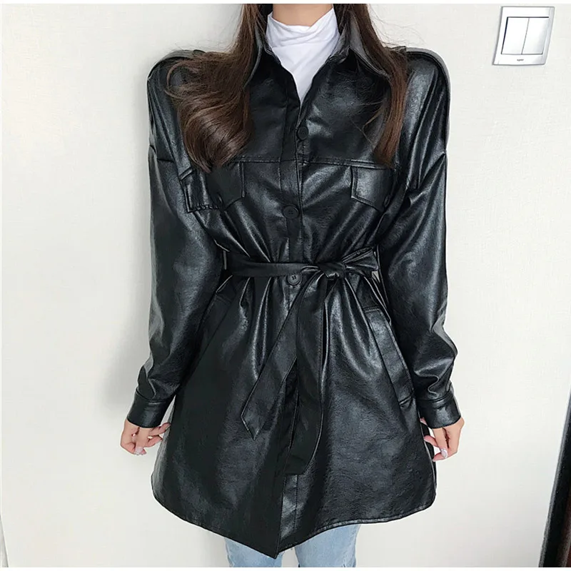 Fashion New Design PU Faux Leather Womens Jacket Coat Lace Up Autumn Ladies Tops Streetwear New Korean Style Female Clothes