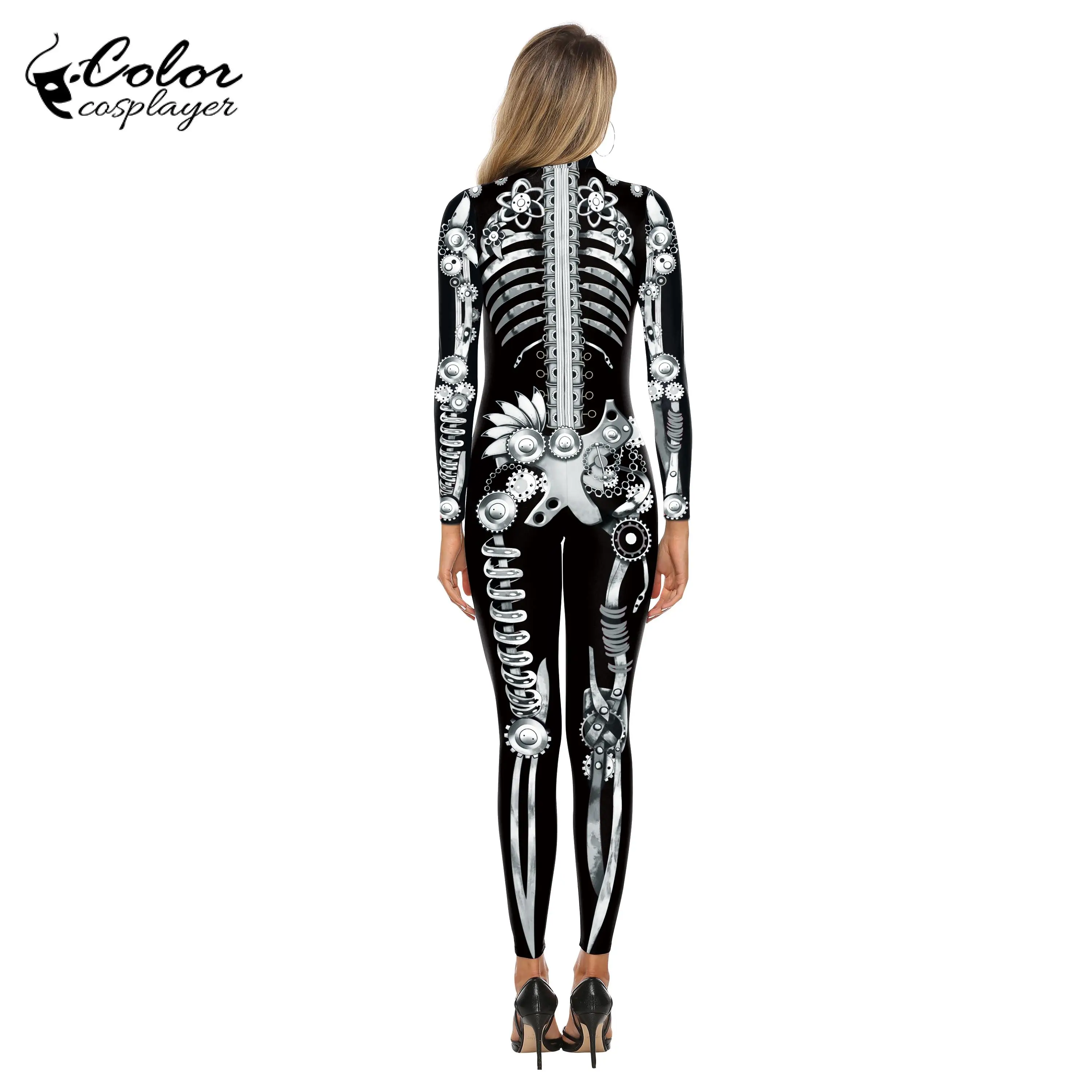 Color Cosplayer Women Skull Halloween Party Costume Scary 3D Printing Cosplay Bodysuit Stretch Sexy Zentai Catsuit Jumpsuits