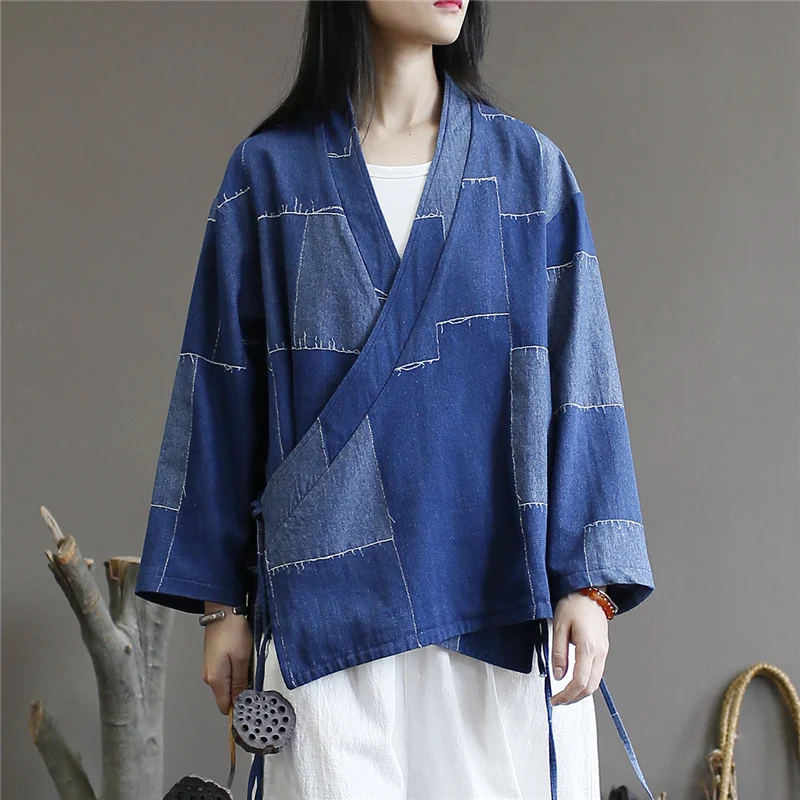 

Johnature Women Patchwork Color Blue Jackets Bandage 2019 Autumn New V-Neck Bat Sleeve Cotton Women Vintage Jackets Coats