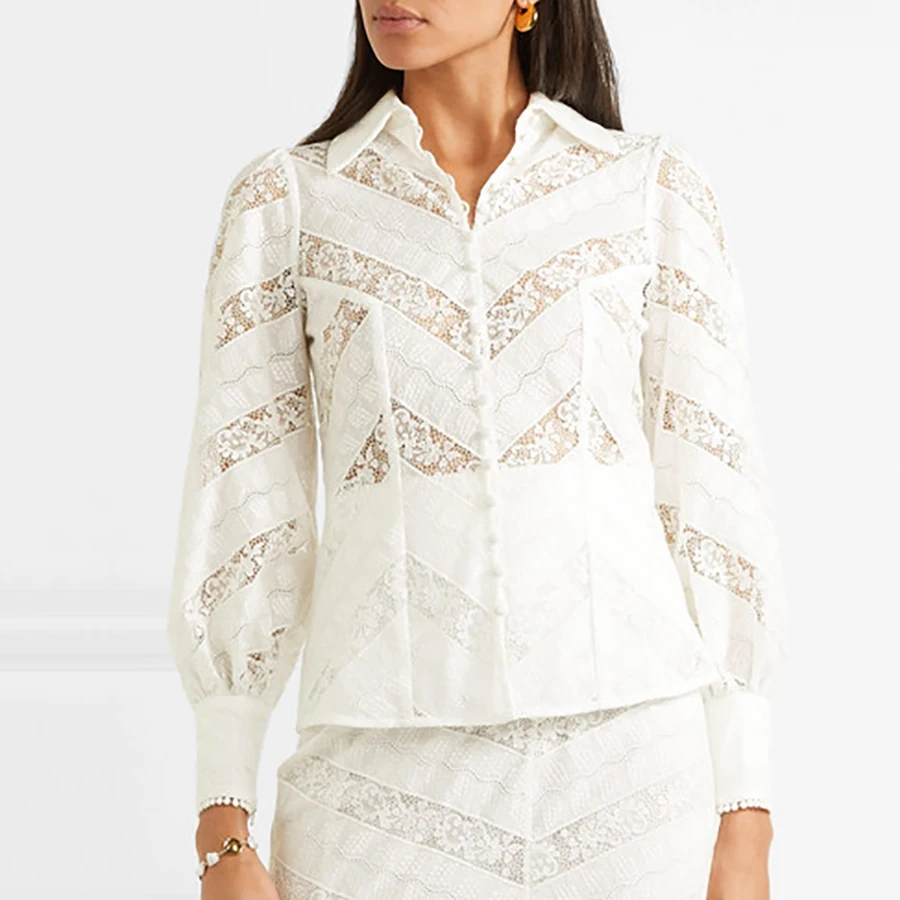

Fashion Embroidered Lace Elegant Women Blouses New Arrive Solid White Turn-down Collar Hollow Out Long Sleeve Sexy 2019 Shirts