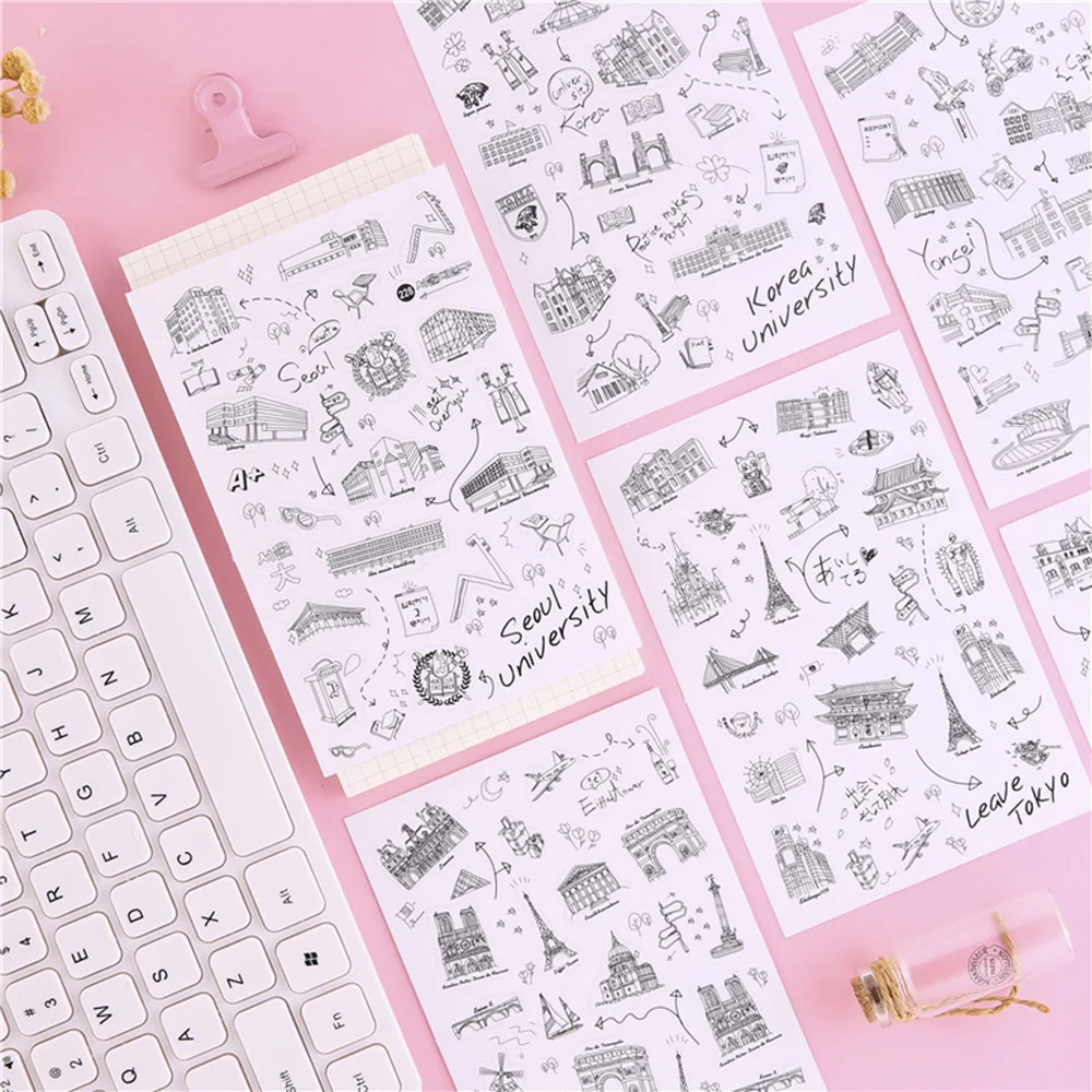 

6 Sheets /set Famous World Scenic Tour Stickers Diary DIY Decoration Label PVC Transparent Stamp Sticker