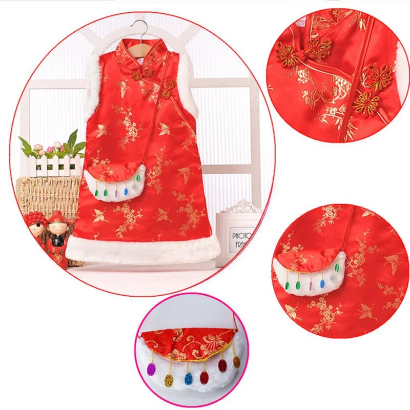Китайское платье для маленьких девочек; Новогоднее детское хлопковое традиционное платье с короткими рукавами и сумочкой через плечо; Новинка года