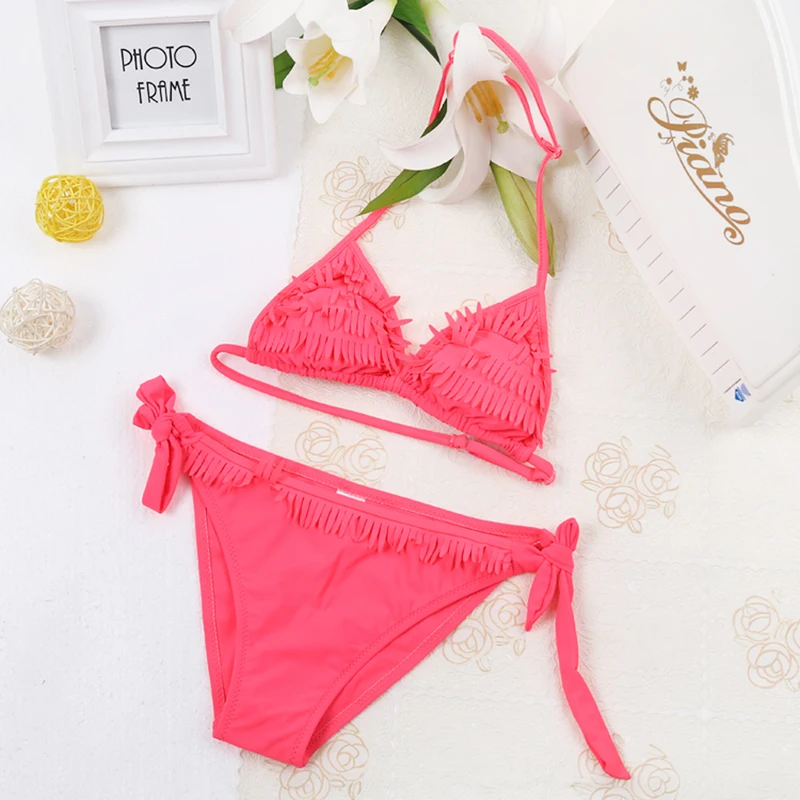 

2020 New Children's Summer Swimwear Bikini Beach Set Halter Bathing Suit Girls Swim Wear Girls Solid Color Fringe Split Swimsuit
