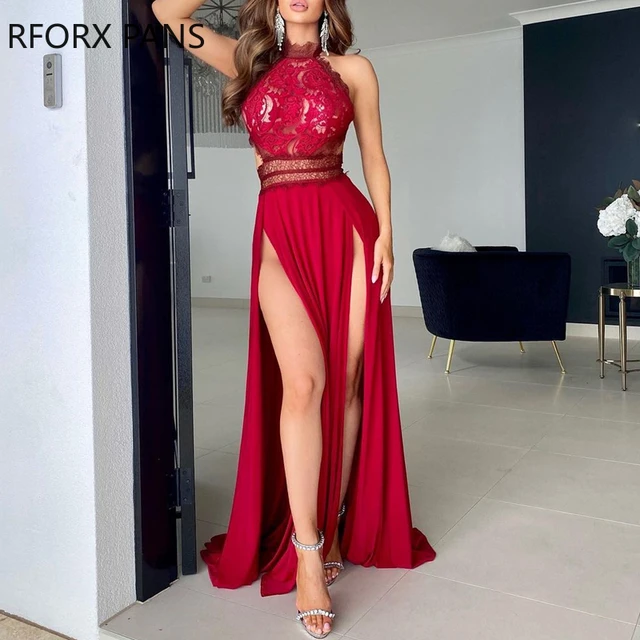 tono Inclinado ganso Vestido Rojo de encaje con cuello Halter para mujer, Sexy, asimétrico, sin  mangas, para fiesta y boda - AliExpress