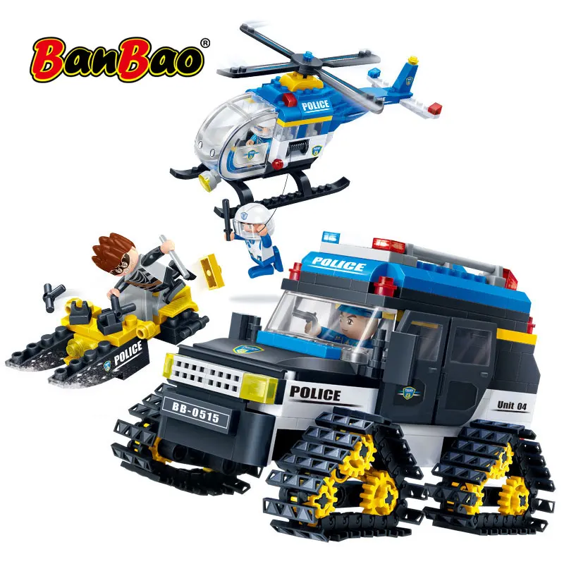 

BanBao 7013 Police Snowfield Chase Car Pullback Helicopter Building Blocks Educational Bricks Model Toy For Children Kids Friend