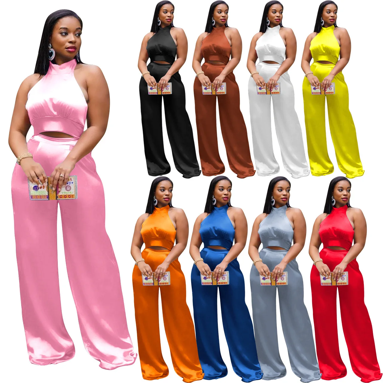 

Casual Women Two Piece Set Halter Bandage Top And Long Wide Pants Solid Color Streetwear Tracksuit Summer Clothes For Women