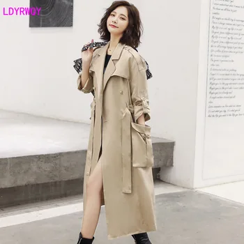 

2019 autumn and winter new women's Korean version of the British wind lapel long-sleeved large pocket long trench coat