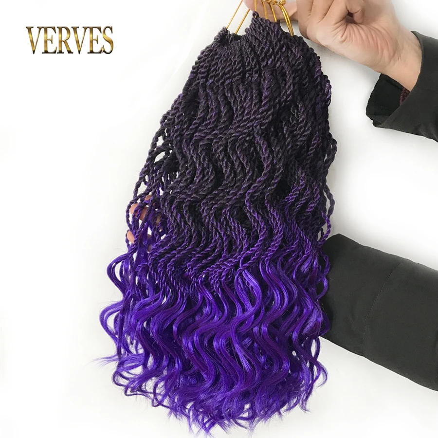

VERVES Crochet Braid Hair Synthetic Senegal Twist Senegalese Curly End Wavy Short 14 inch Extensions Braids Purple Black Women