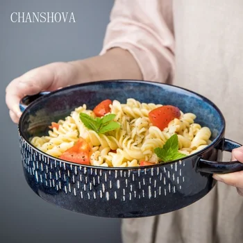 

CHANSHOVA Retro Style Kiln Change Glaze Binaural Handle Ceramic Bowl Porcelain Mixing Bowl Tableware Home Kitchen Utensils H245
