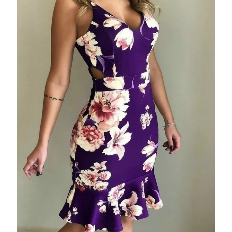 Для женщин сексуальное платье с v-образным воротом, Повседневное вечерние короткое платье сарафан в богемном стиле с цветочным принтом Для женщин без рукавов облегающее платье с оборками, платья - Color: Purple