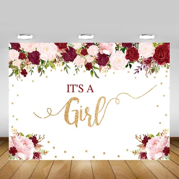 

Floral It's a Girl Baby Shower Backdrop for Photography Newborn Baby Shower Photo Background Pink Red Rose Princess Birthday