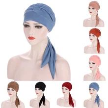 

Muslim Women Stretch Solid Wrinkle Turban Hat Cancer Chemo Beanies Caps Pre-Tied Scarf Headwear Headwrap Plated Hair Accessories