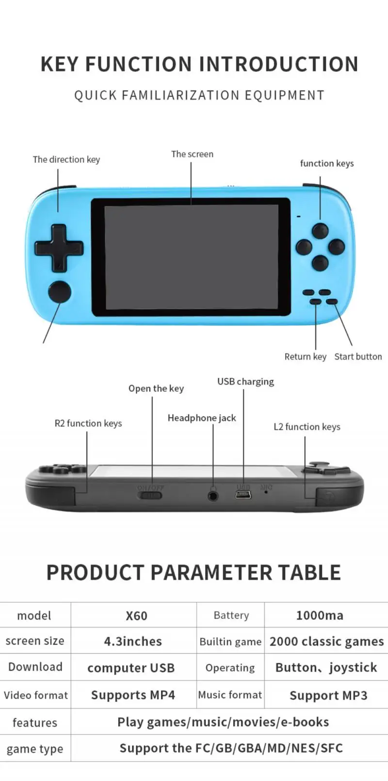 4.3 Inch Handheld Game Consoles 2000 IN 1 Retro Video Game Console Game Player Handheld Game Players Gamepads For Kids Gift