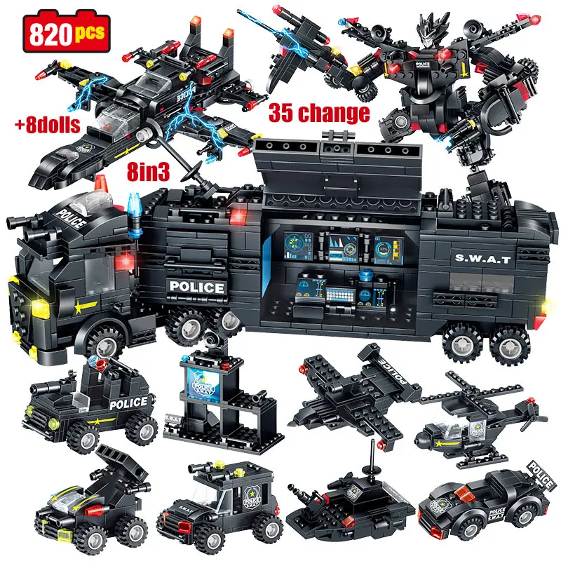 820 шт Technic SWAT Team Truck Robot Building Blocks City Police Station вертолет машины фигурки кирпичи игрушки