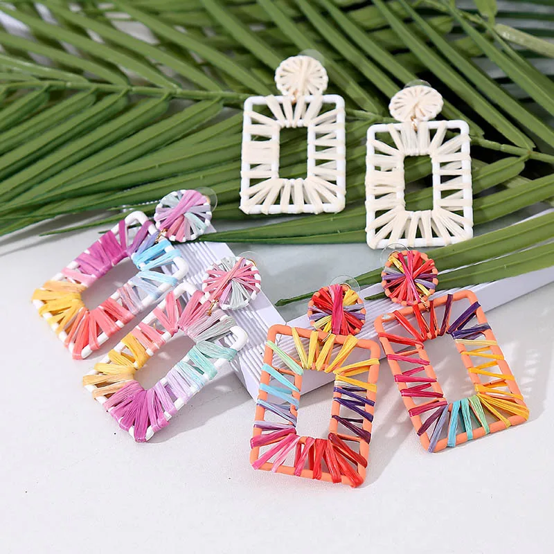 

New ZA Bohemian Rainbow Straw Rattan Raffia Handmade Drop Earrings for Women Multi Color Wedding Fringed Tassel Dangle Earrings