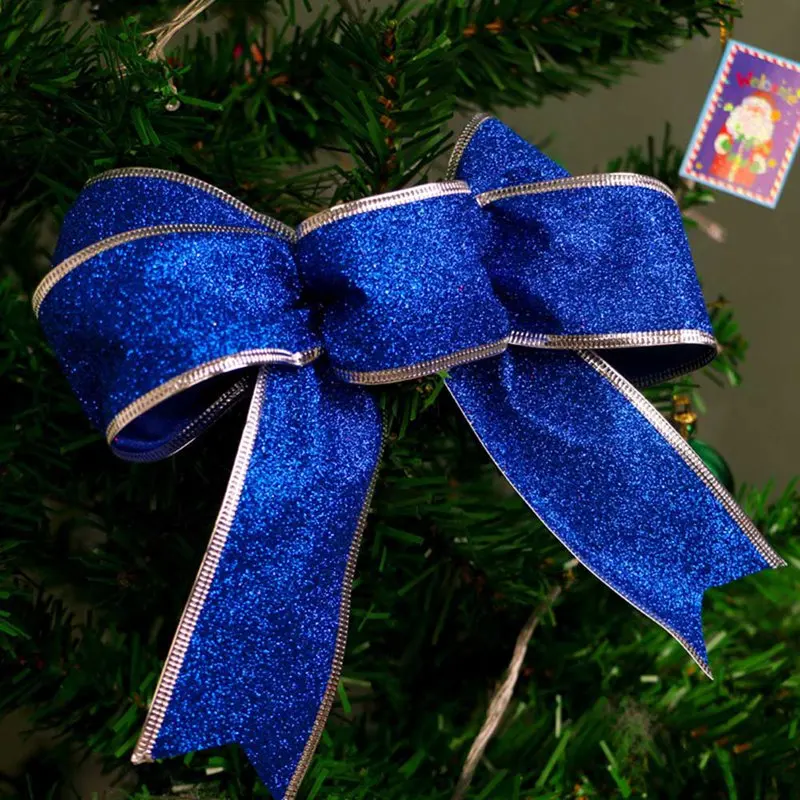 Bule 1pc Christmas Bow Decoration Christmas Ornament Size 10in/25cm Glitter Powder Bow Christmas Tree Pendant Gift - Цвет: Bule