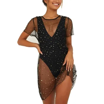 

2019 Summer Sexy Women's Solid Short Sleeve Mesh Fishnet Bikini Cover Up Swimwear Bathing Suit Beach Dress
