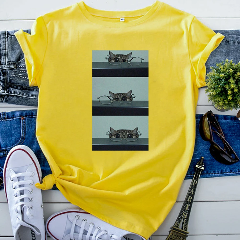 Tshirt For Woman Cute Cat Wearing Glasses Funny Print Women T Shirt Goth Korean Style Womens T-Shirt Harajuku Fashion Clothes