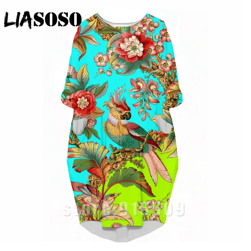 

LIASOSO 3D Print Fashion Funny Suit Rock New Harajuku Animal Bird Parrot Women Anime Gown Lady Girl Party Long-sleeved Dress