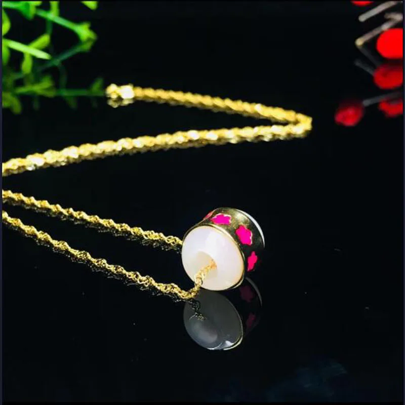 Natural Chinese HeTian 925 Silver White Jade Passepartout Was Cylindrical Pendant Necklace For Women Charm Jewelry