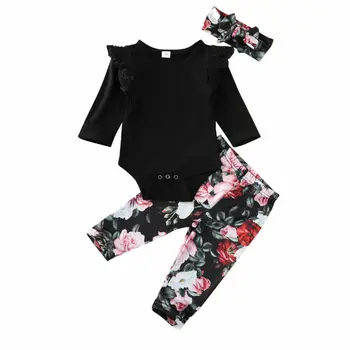 

Toddler Baby Girl Clothes Set Spring Sweet Long Ruffle Sleeve Bodysuit Tops Floral Flower Pants Headband Clothing Outfit 3PCS