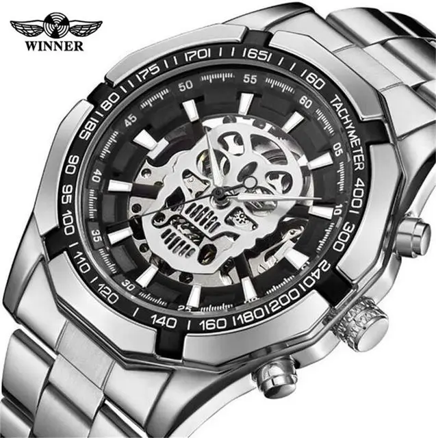 

New Fashion Brand WINNER Mens Skull Design Skeleton Mechanical Watches Stainless Steel Luminous Wrist Watch Relogio Masculino
