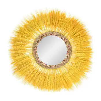 

Hanging Wall Mirror Weave Wheat Round Makeup Mirror With Fringe Retro Decorative For Bedroom Living Room Art Decoration