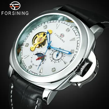 

FORSINING Mens Watches Top Brand Luxury Skeleton Automatic Mechanical Watch Men Leather Strap Sun Moon Display Business Clock