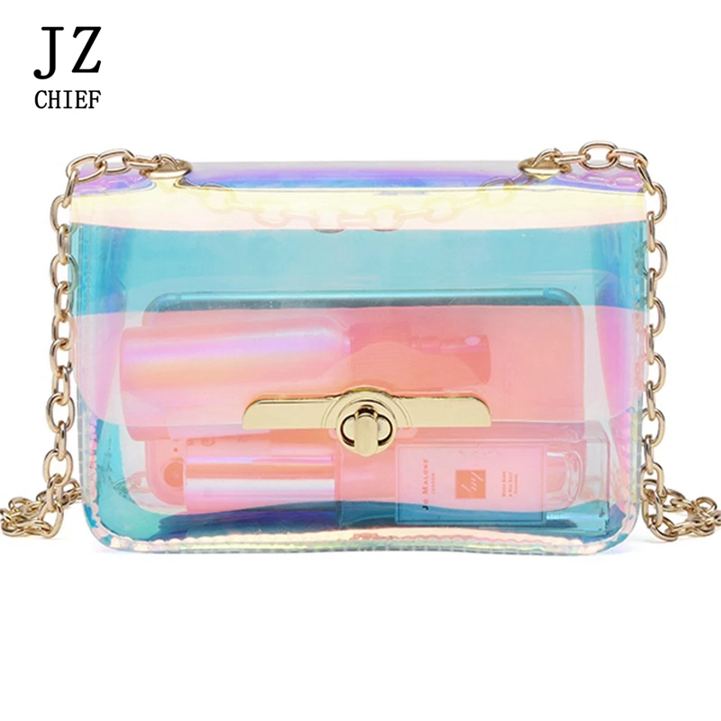 

JZ CHIEF Fashion Women Crossbosy Bag Small Mini Chian Handbag Laser Transparent Bag PVC Jelly Shoulder Bags Fashion Cute