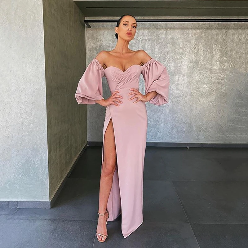 light blue prom dresses Sumnus Simple Dusty Pink Satin Prom Gowns Lon Off the Shoulder Formal Evening Dresses with High Split Bridesmaid Party Dress burgundy prom dresses