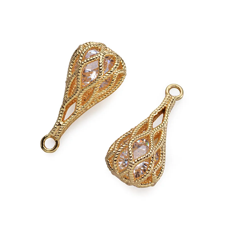 4PCS 20*10MM 24K Champagne Gold Color Brass with Zircon Double Drop Charms Pendants High Quality Jewelry Accessories