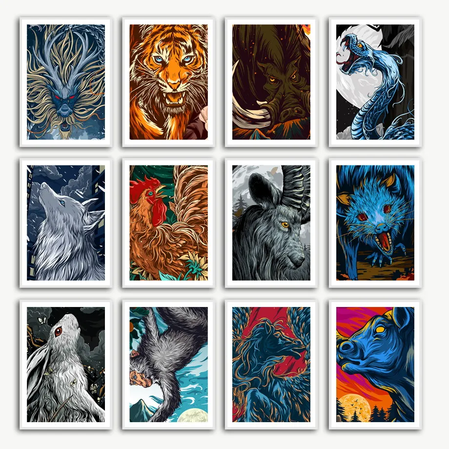 

Tiger Snake Dragon Pig Monkey Cow Zodiac Wall Art Print Canvas Painting Nordic Posters And Prints Wall Pictures For Living Room