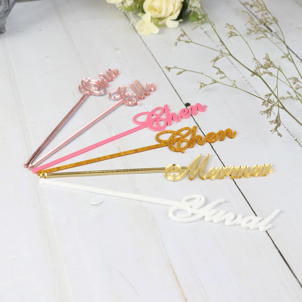 Personalized swizzle sticks last name  table centerpiece Birthday Bridal shower Custom Mirror Gold Drink stirrers stir stick wedding Party Decor (4)