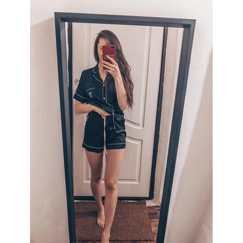 Pijamas de Seda para Mulher Conjunto de Cetim Casa Terno Coração Bordado Pijamas pj 2021 Verano Mujer 20 High Quality Pijamas e Moda Íntima