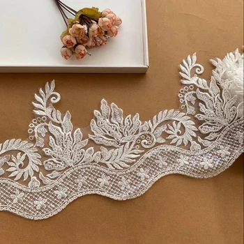 

3 Yards/lot 24 cm Embroidered Lace Light Ivory Beaded Lace Trim With Sequins For Wedding Bridal Dress or Bridal Veils