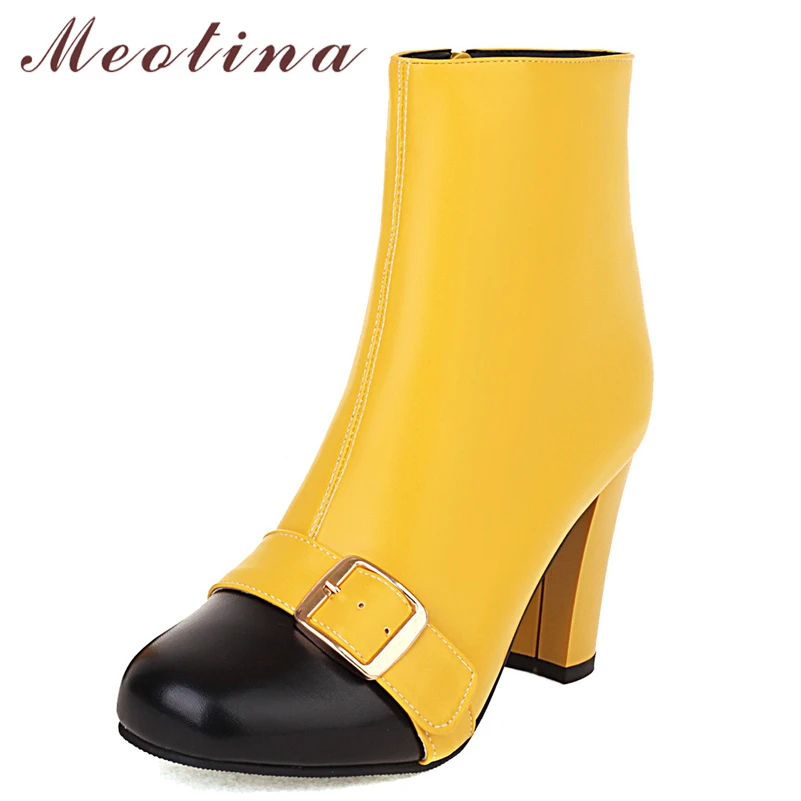Meotina Women PU Leather Boots Thick Super High Heel Round Toe Ladies Buckle Zipper Ankle Winter Yellow White 33-45 | Обувь