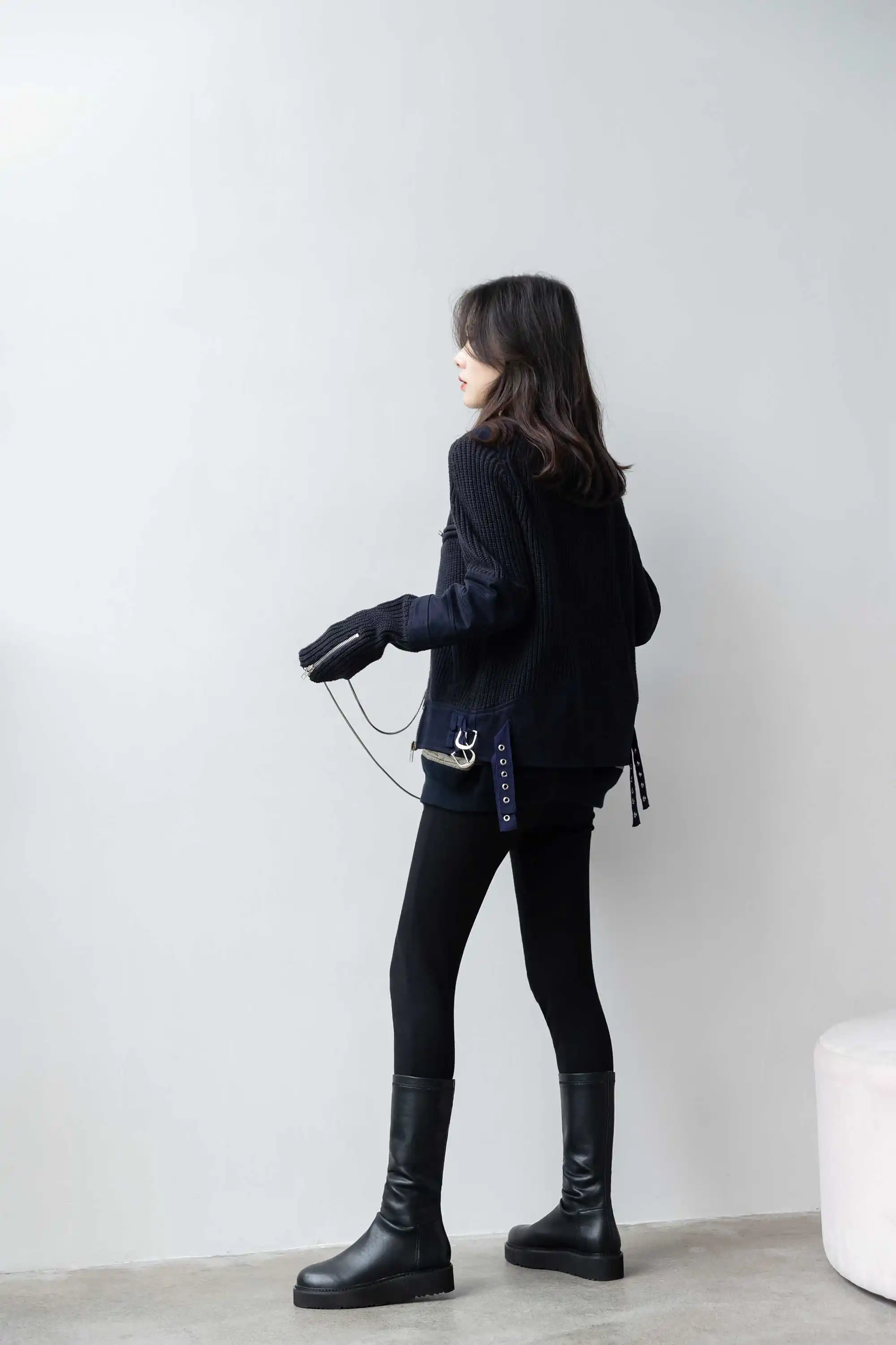 Krazing Pot Internet star streetwear stretch boots round toe med heels black colors daily wear women warm thigh high boots L9f2