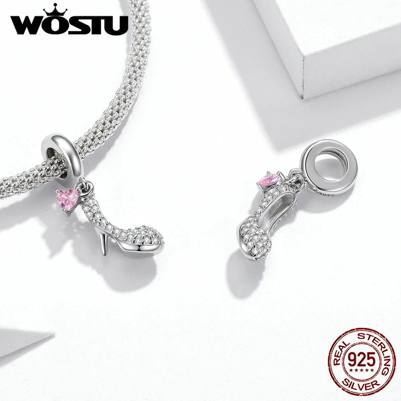 

WOSTU Beads 925 Sterling Silver Glass Slipper Zircon Charms Pendant Fit DIY Original 925 Bracelet Accessories Jewelry DAC411
