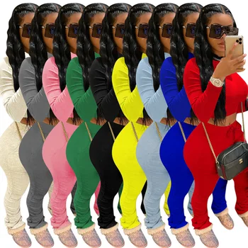 

S-3XL Spring Autumn Women Sets Casual 2 Piece Set Turtleneck Long Sleeve Crop Top And Flare Pant Sets Sportswear Outfits