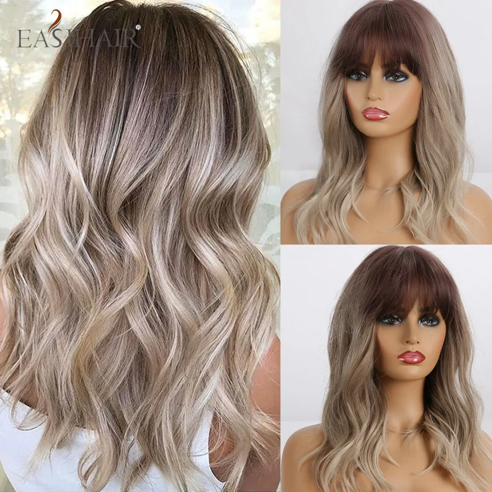 

EASIHAIR Gray to Blonde Omber Wavy Wigs Medium Length Layered Synthetic Hair Wigs for Black Women Cosplay Wigs Heat Resistant