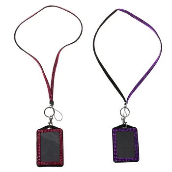 

2 Pcs Rhinestone Bling Crystal Custom Lanyard Vertical ID Badge Holder, Rose Red & Dark Purple