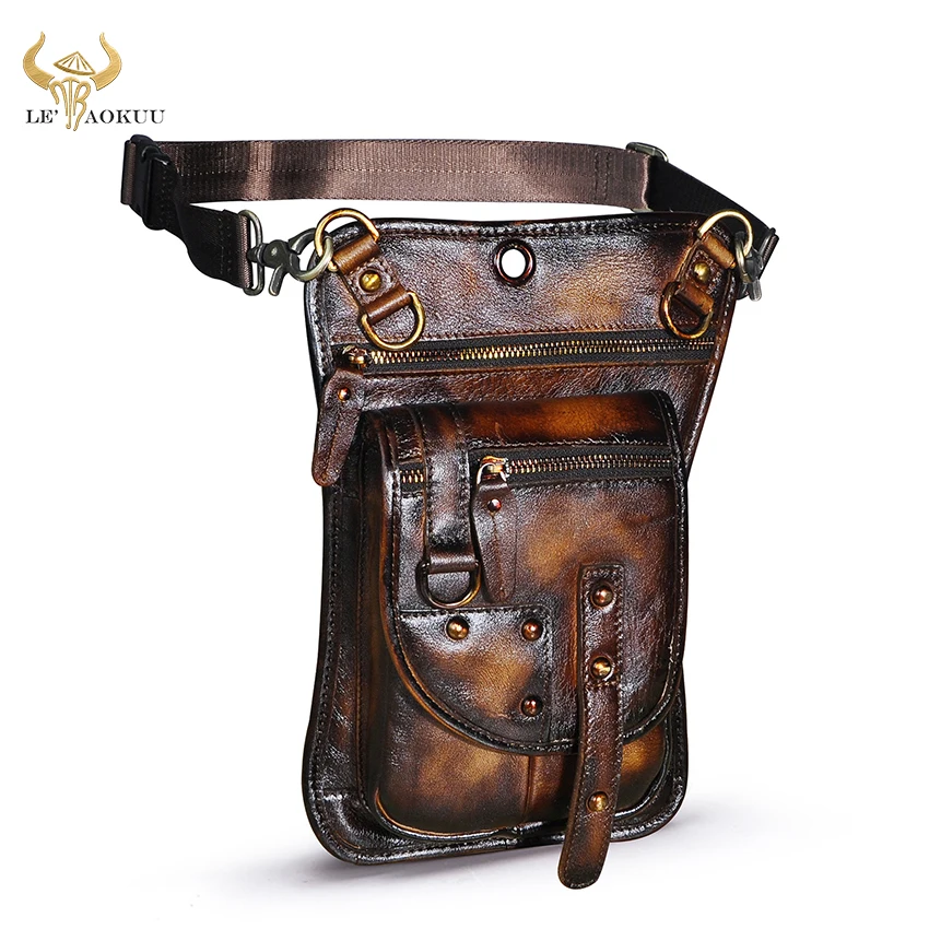 Mochila pequeña informal de cuero Natural para hombre, cinturón de viaje Retro, riñonera, bolsa de pierna, 2141