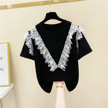 

Lace Mesh Stitching Ruffles Beaded Short-Sleeved Cotton T-shirt Women's 2020 Summer Top Korean-Style Loose T Shirt Female Tshirt