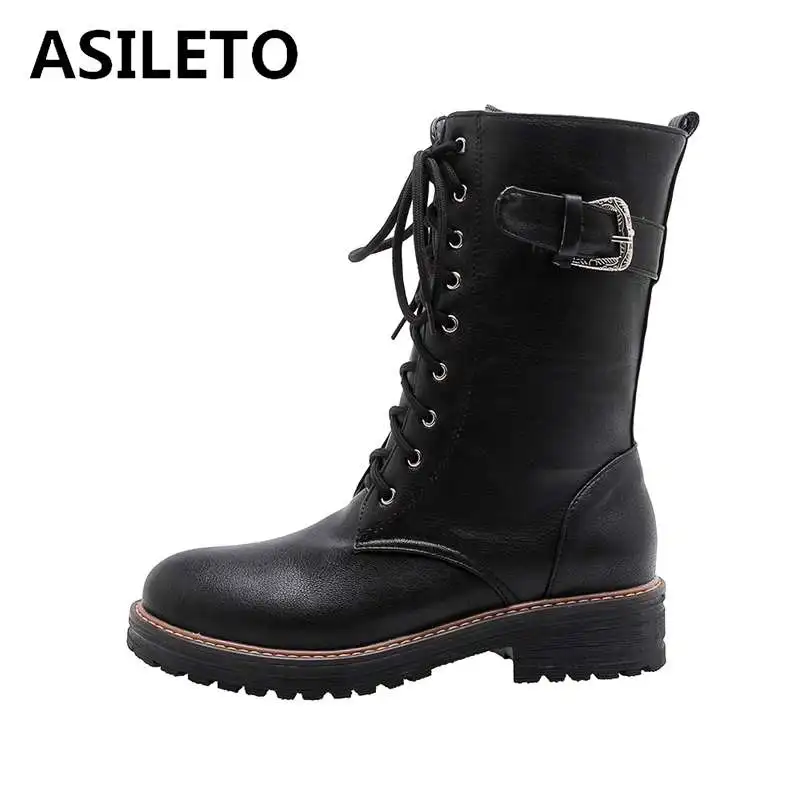 

ASILETO size 34-43 winter anke boots for women square heels lace up buckle riding booties motorcycle combat boots zipper botas