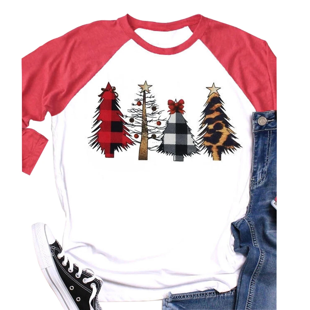 

LOOZYKIT Spring Autumn Tee Tops Patchwork Color Print Women Christmas T Shirts Three Quarter Sleeve Casual Harajuku Tree Top