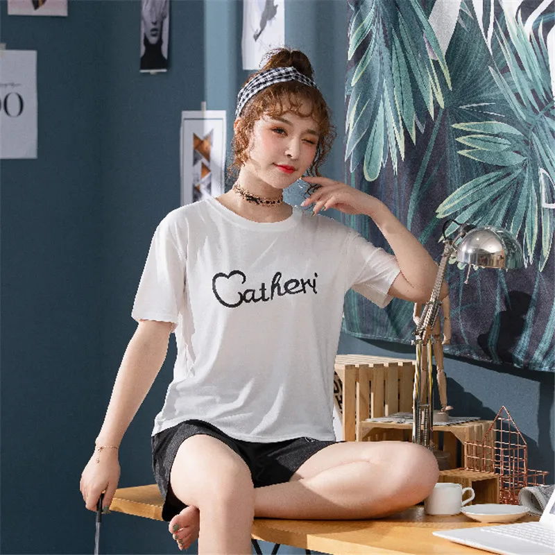 

Plus size short sleeve pajamas suit women summer shorts thin pajamas cute cartoon casual pajamas home clothes ladies pajamas