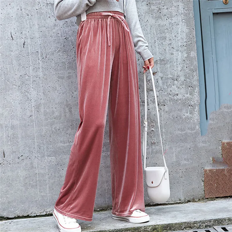 Pink Женские модные корейские брюки, женские плиссированные однотонные штаны с высокой талией и эластичной резинкой на талии, повседневные штаны с широкими штанинами - Цвет: Pink