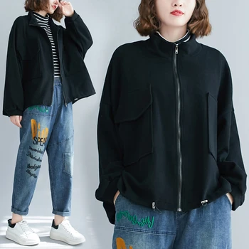 

COIGARSAM Loose Shirt Womens tops New Spring Stand Neck Zipper Women shirts Black 6140