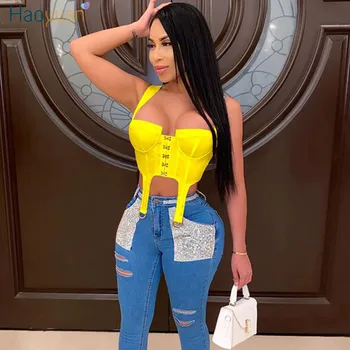 

HAOYUAN Sexy Cami Tank Bustier Tops Women Clothes Club Crop T Shirt Single-Breasted Square Neck Backless Cute Cropped